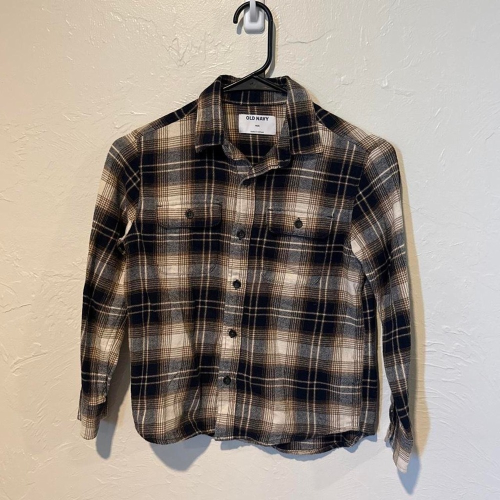 Old Navy Boys Medium Black Beige White Plaid Flannel Button Down Shirt M 8
